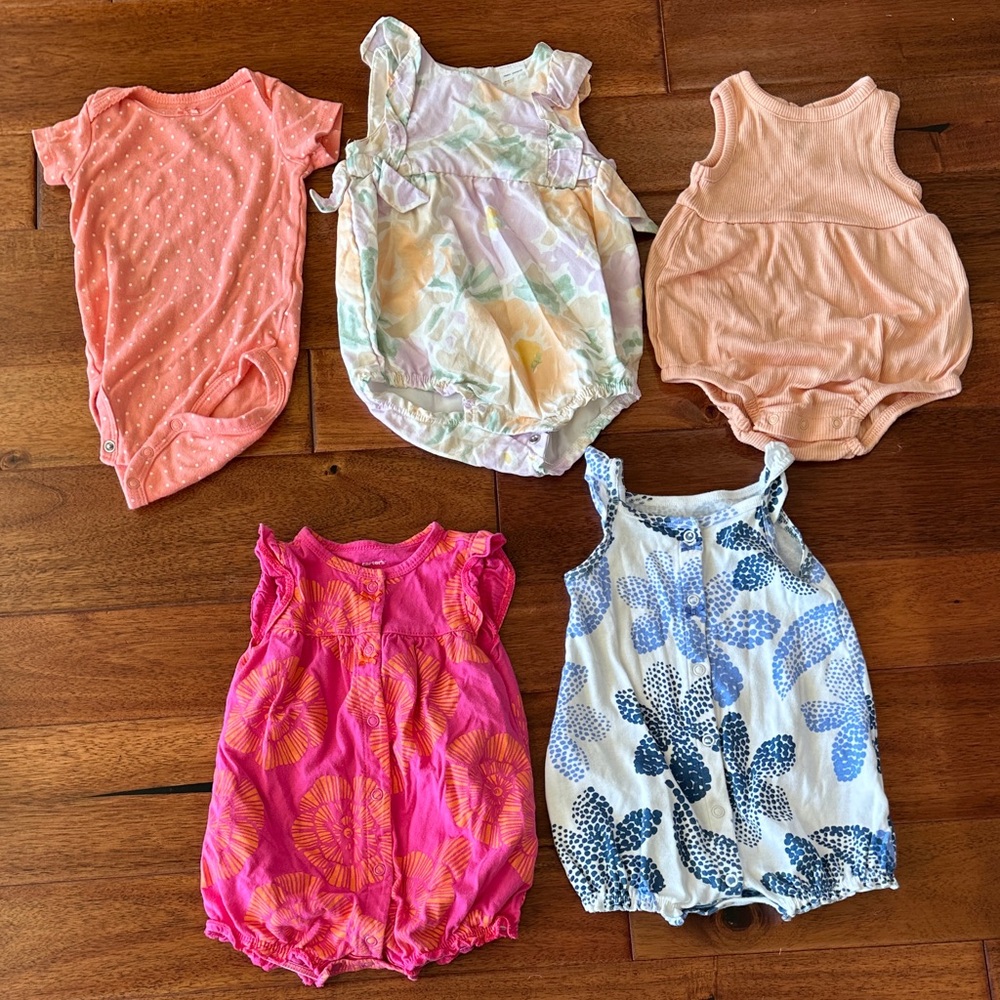 Baby Girl One Pieces in Pink, Peach, and Blue